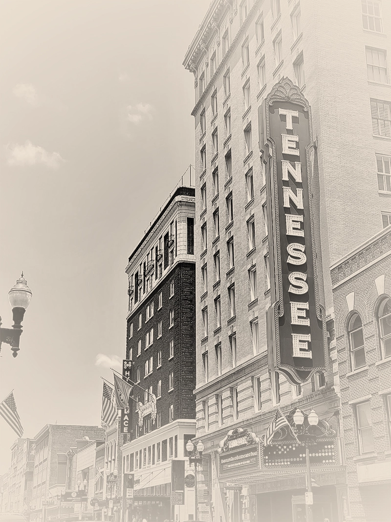 Photograph of a sign saying Tennessee in Downtown Knoxville, TN